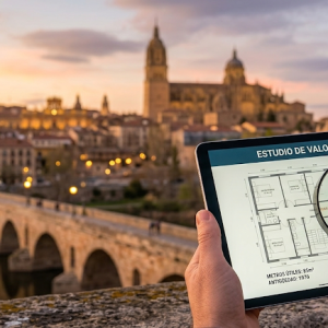 Estudio de valoración de un piso en Salamanca sobre una tablet, con el Puente Romano y la Catedral de fondo