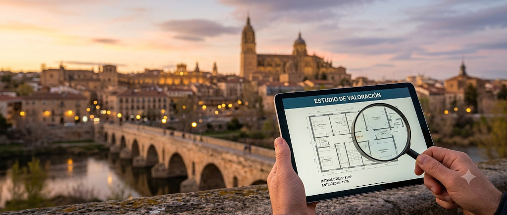 Estudio de valoración de un piso en Salamanca sobre una tablet, con el Puente Romano y la Catedral de fondo