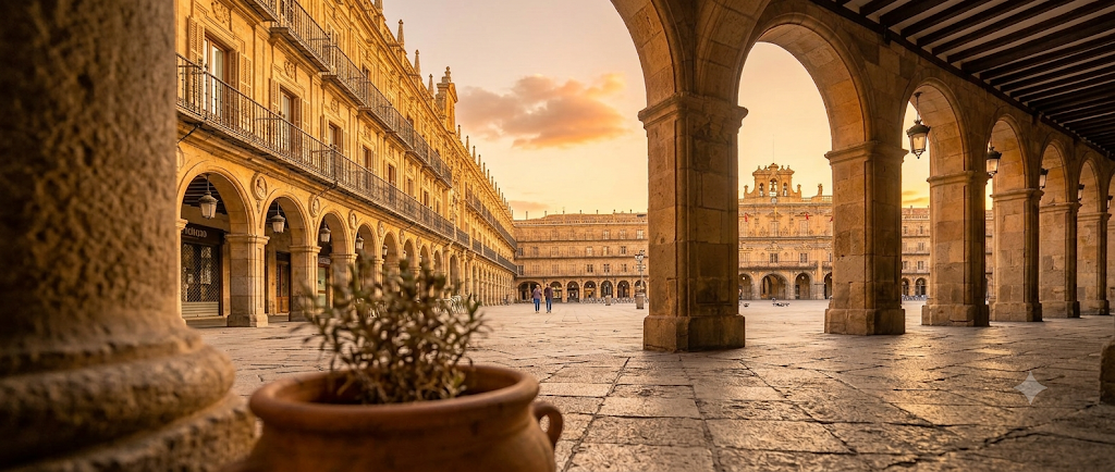Soportales de la Plaza Mayor de Salamanca al atardecer