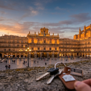Plaza Mayor de Salamanca al atardecer con llaves de un piso en primer plano, simbolizando la compra de una vivienda en Salamanca