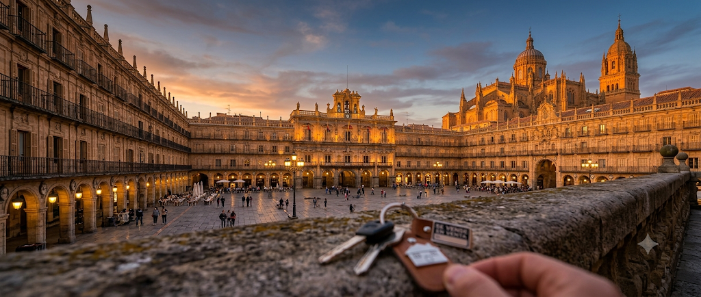 Plaza Mayor de Salamanca al atardecer con llaves de un piso en primer plano